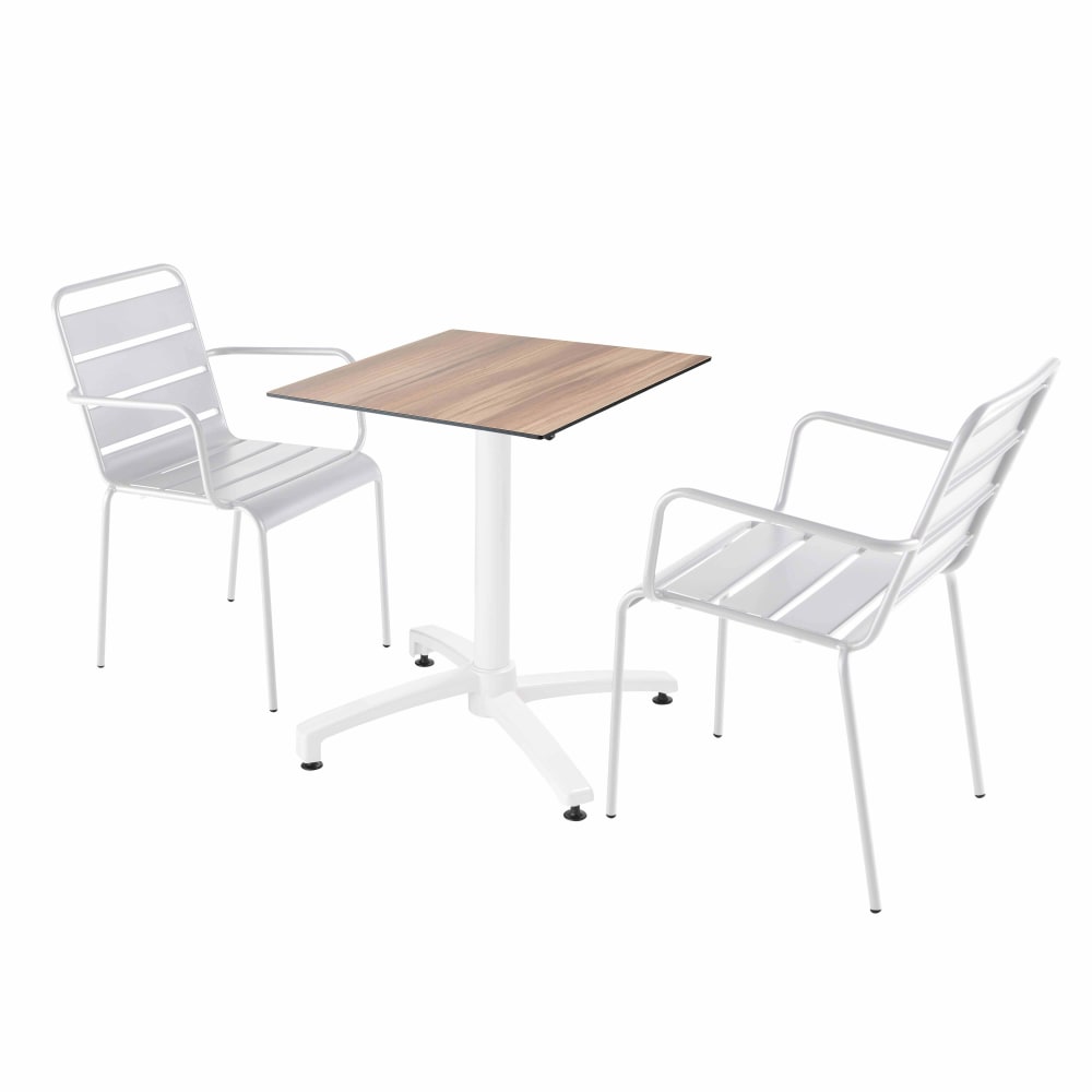 Ensemble table de terrasse stratifié chêne foncé et 2 fauteuils blanc