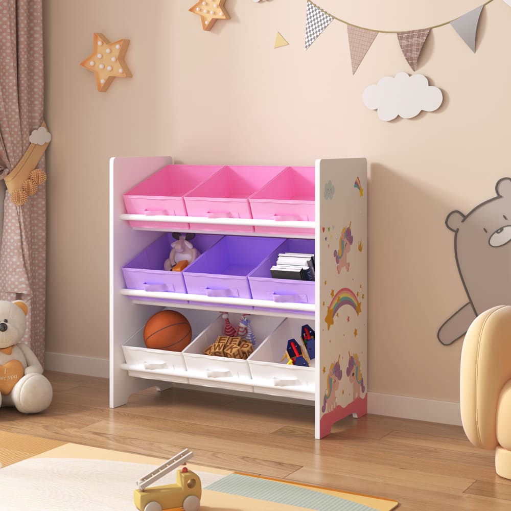 Kinderregal mit Boxen in Holzoptik 60 x 62 x 30 cm, Weiß Lila