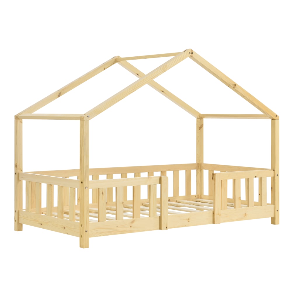 en casa Kinderbett mit Rausfallschutz Kiefernholz 80 x 160 cm, Naturfarben Beige Baby