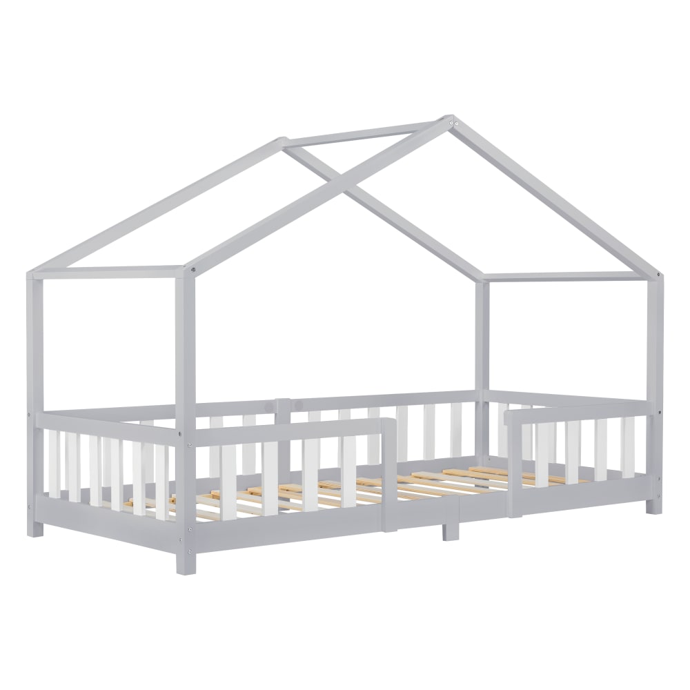 en casa Kinderbett mit Rausfallschutz aus Kiefernholz 90 x 200 cm, Hellgrau Baby -