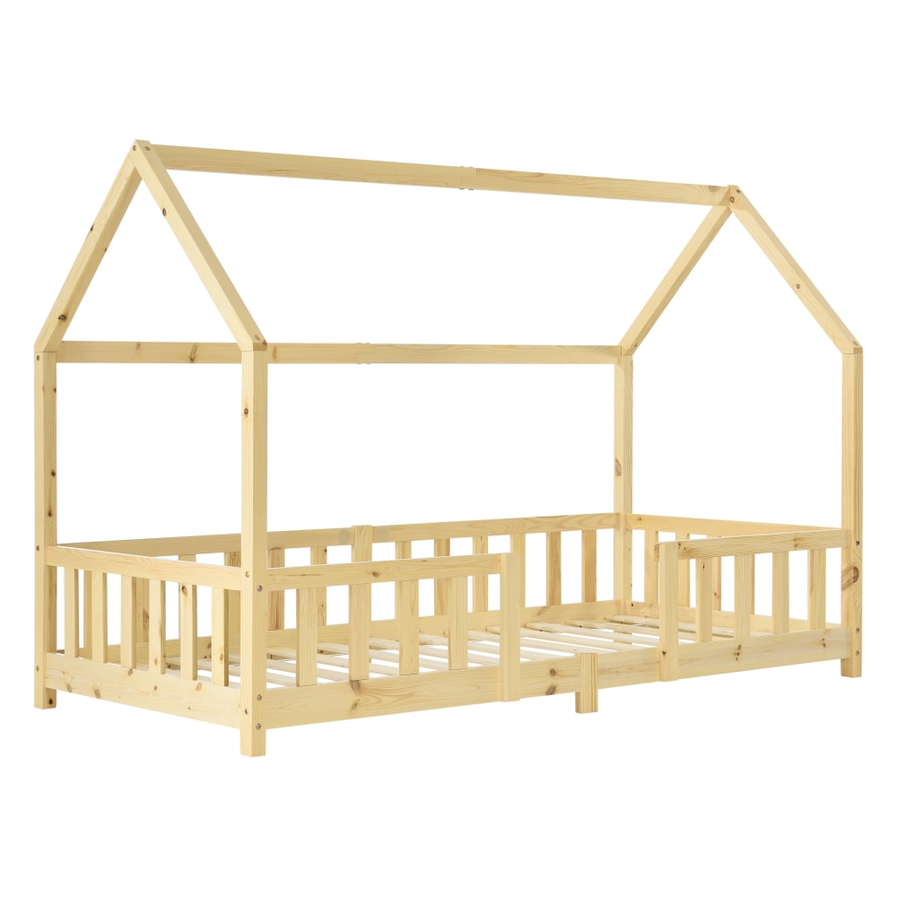en casa Kinderbett mit Rausfallschutz Kiefernholz 90 x 200 cm, Naturfarben Beige Baby