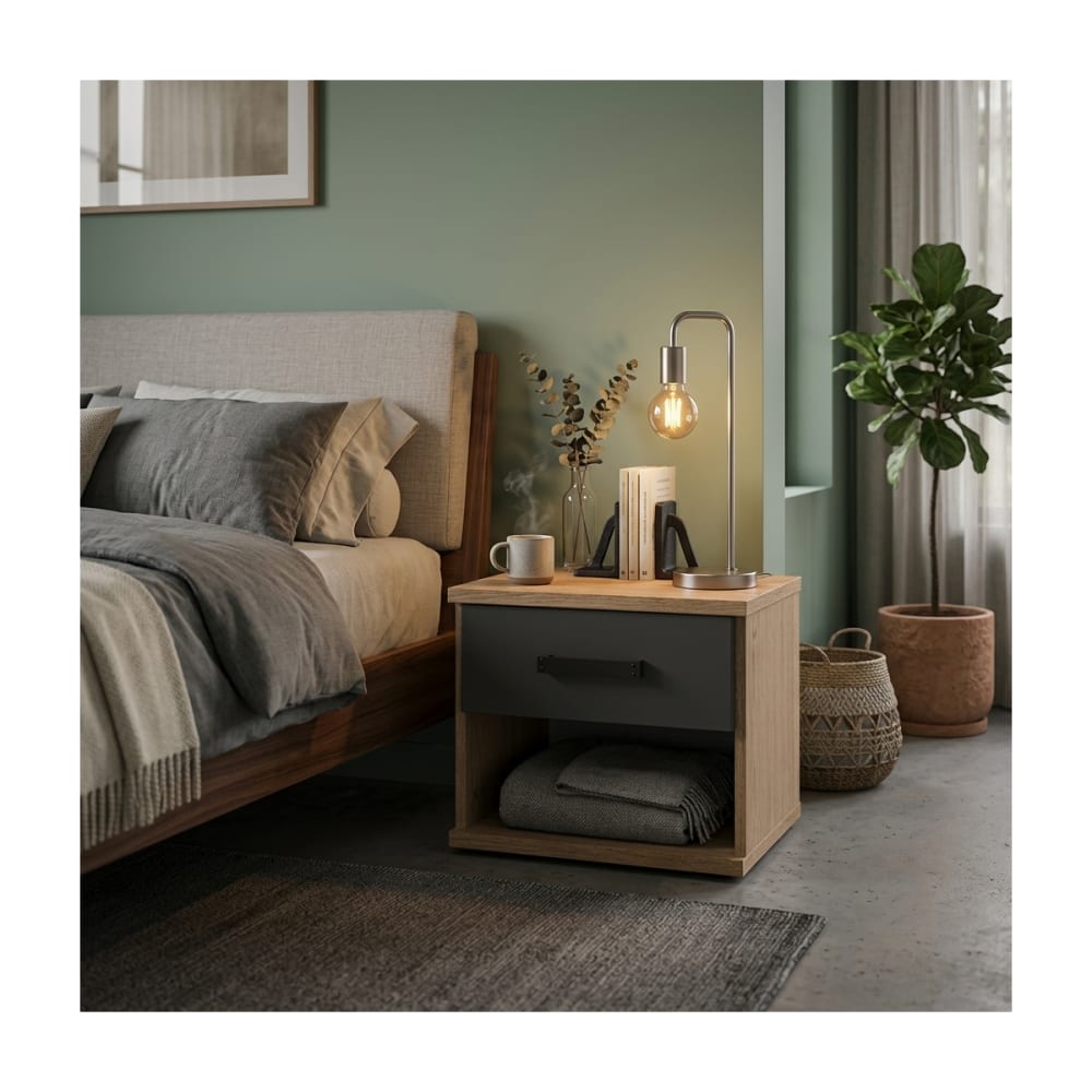 Chevet 1 tiroir décor chêne et graphite - l46 cm
