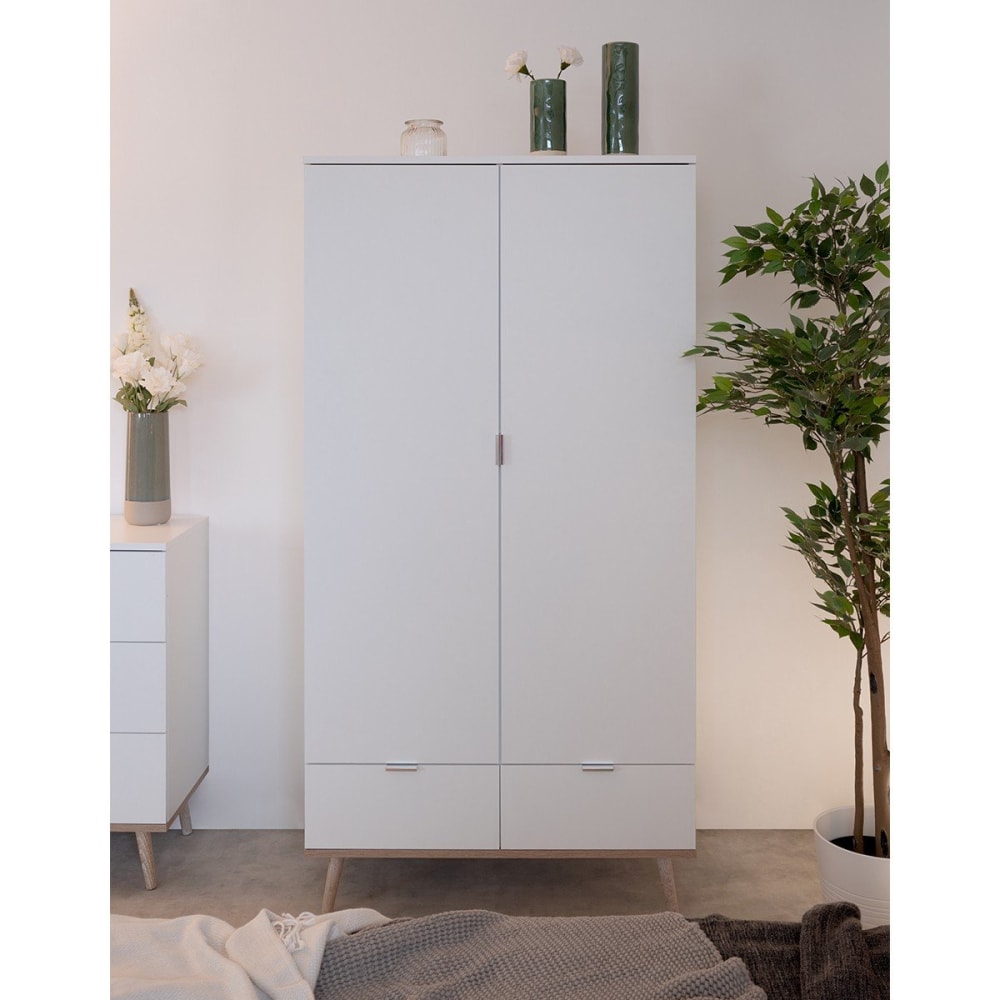 Armoire 2 portes 2 tiroirs + barre penderie H180 x L90 cm - Blanc