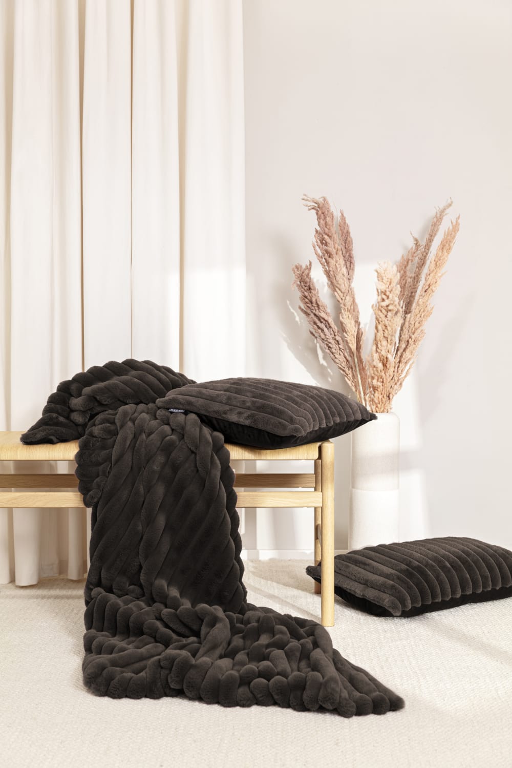 Plaid velours cotelé moelleux imitation fourrure anthracite - 140x200