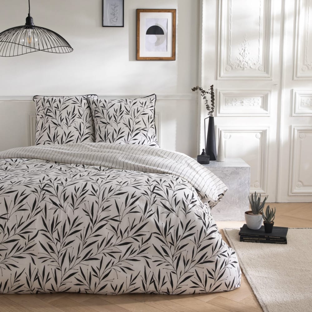 Parure de lit 2 personnes feuillage et rayures coton 240x220cm