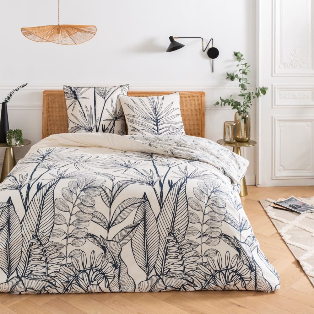 Parure de lit 2 personnes coton  imprimé blanc 240x220cm