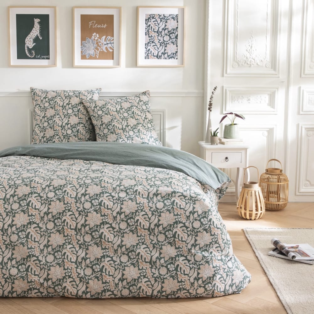 Parure de lit 2 personnes floral et pois coton 260x240cm