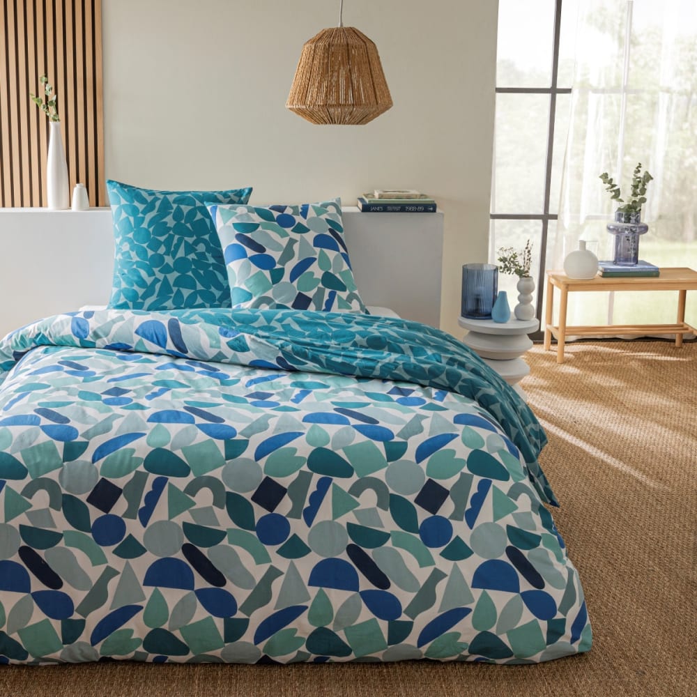 Future Home Parure de lit 2 personnes à motif géométrique réversible 260x240cm Bleu Certifié Oeko-Tex Coton