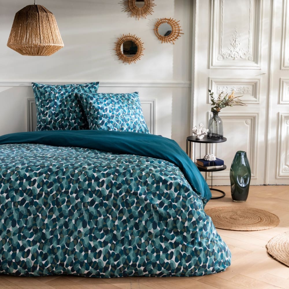 Parure de lit 2 personnes géométrique marine coton 240x220cm