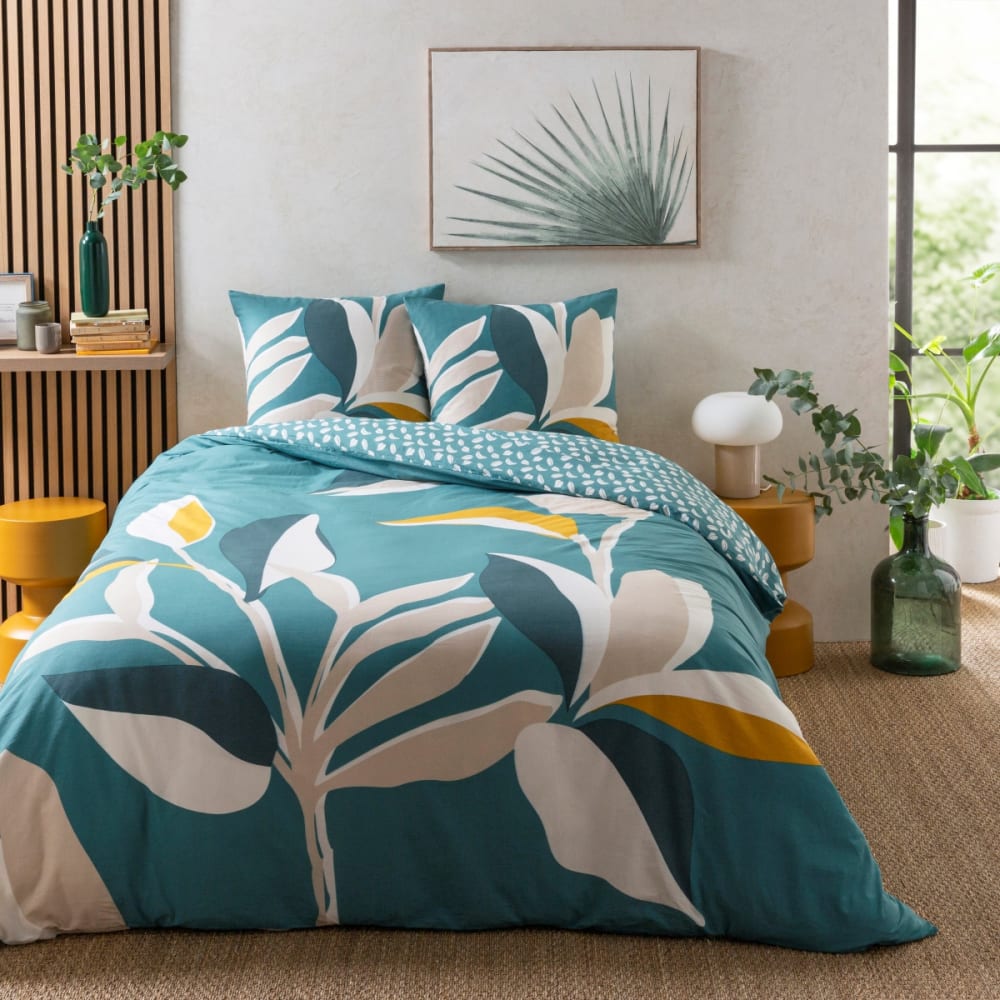Parure de lit 2 personnes tropical réversible feuilles 260x240cm