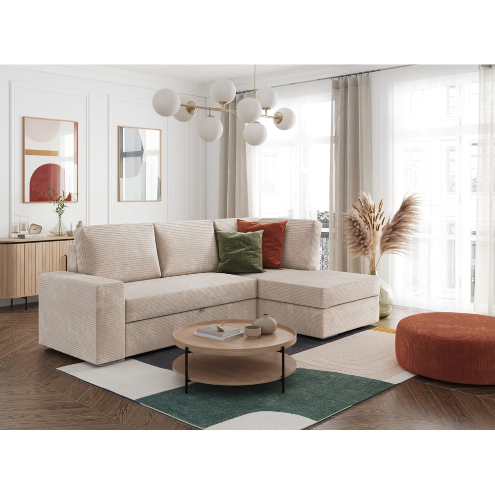 Canapé d'angle droit convertible avec coffre en velours côtelé - beige