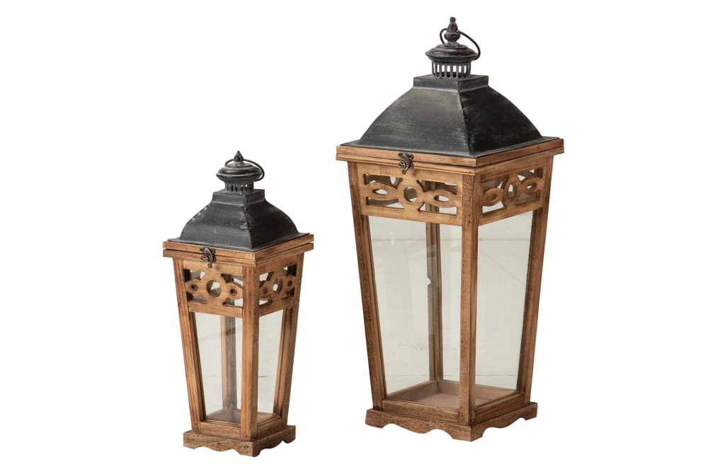 Set de 2 faroles marron de madera 26 18x26 18x68 45cm