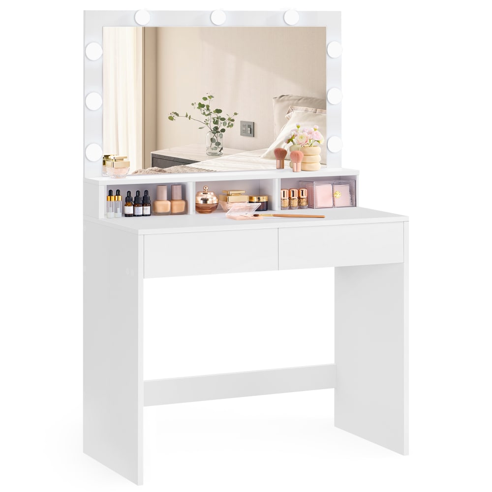 VASAGLE Coiffeuse avec miroir lumineux 2 tiroirs 3 compartiments ouverts blanc style contemporain Blanc Panneau De Particules - 80x140x40cm