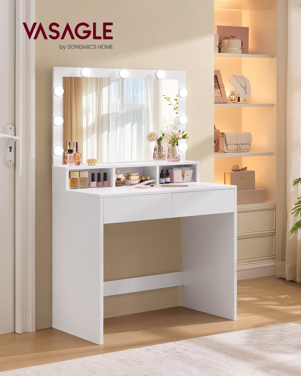 Coiffeuse avec miroir lumineux 2 tiroirs 3 compartiments ouverts blanc - Maisons du Monde