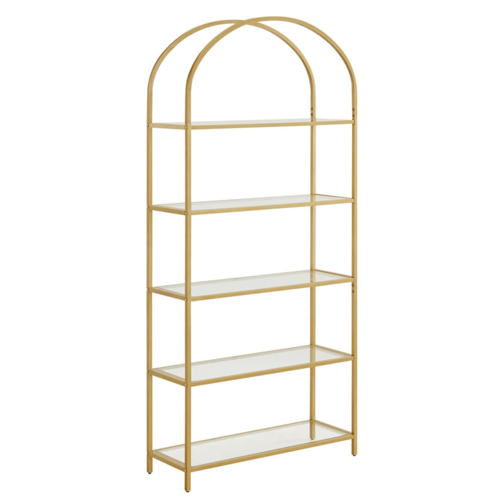 VASAGLE Bibliothèque 5 niveaux de rangement en verre trempé et verre doré style contemporain Doré Métal - 83x184x30cm