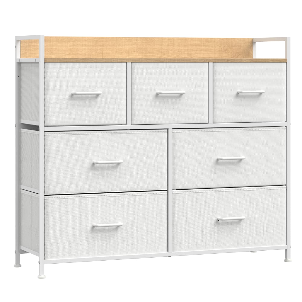 SONGMICS Armoire de rangement en tissu 7 avec poignées cadre blanc et beige style contemporain Blanc Bois - 98x85x29cm