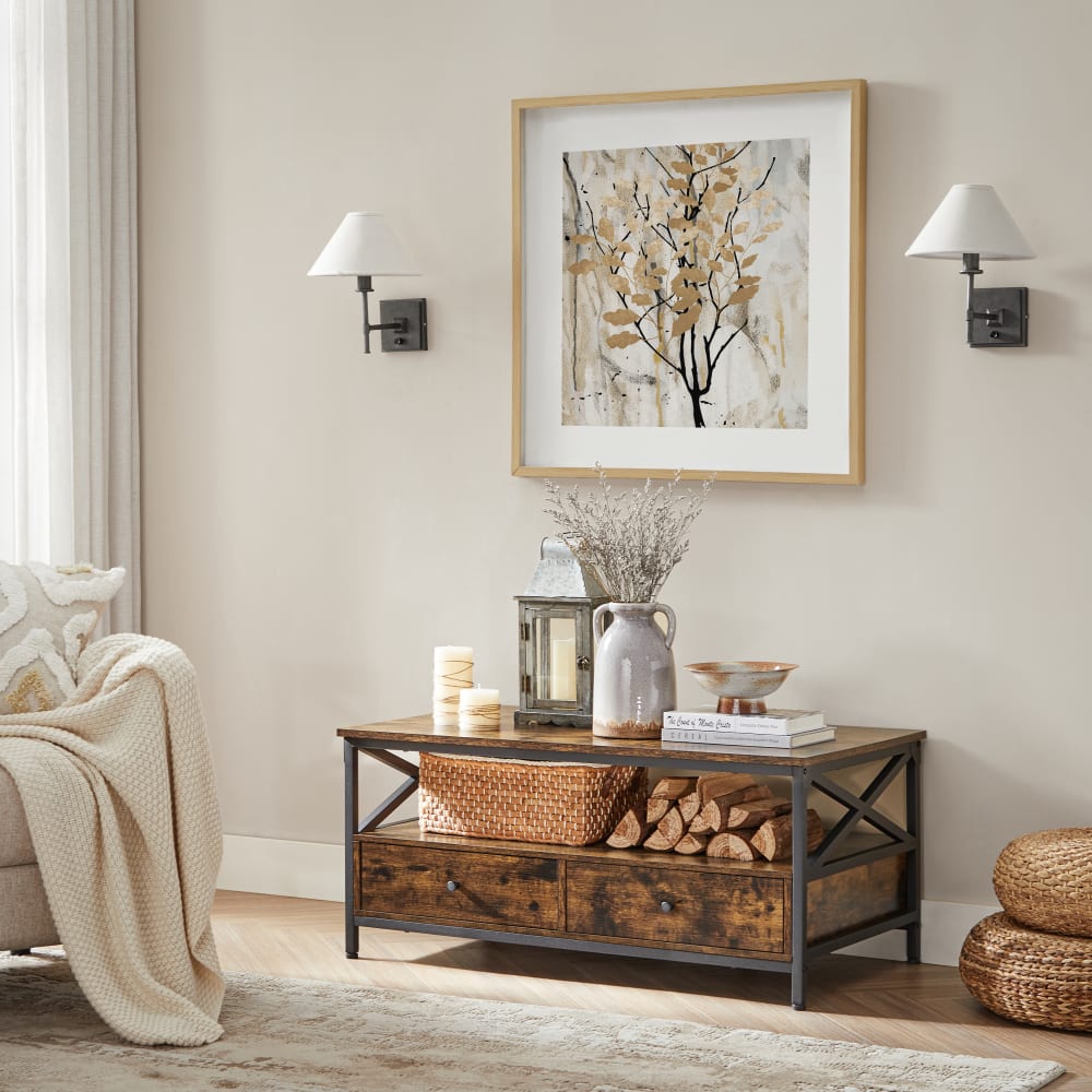 Table basse effet bois acier marron rustique et noir