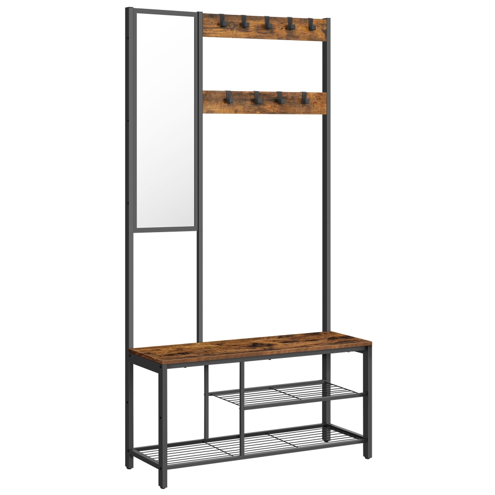 VASAGLE Vestiaire d'entrée avec miroir et banc 98 x 36 x 185 cm marron et noir style industriel Marron Panneau De Particules - 98x185x36cm