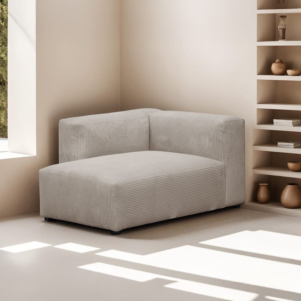 Méridienne d'angle à gauche modulable en velours côtelé taupe