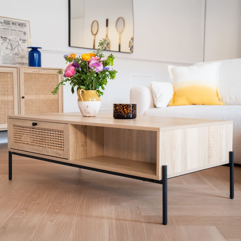 Table basse 1 tiroir en cannage naturel et effet chêne 115 cm