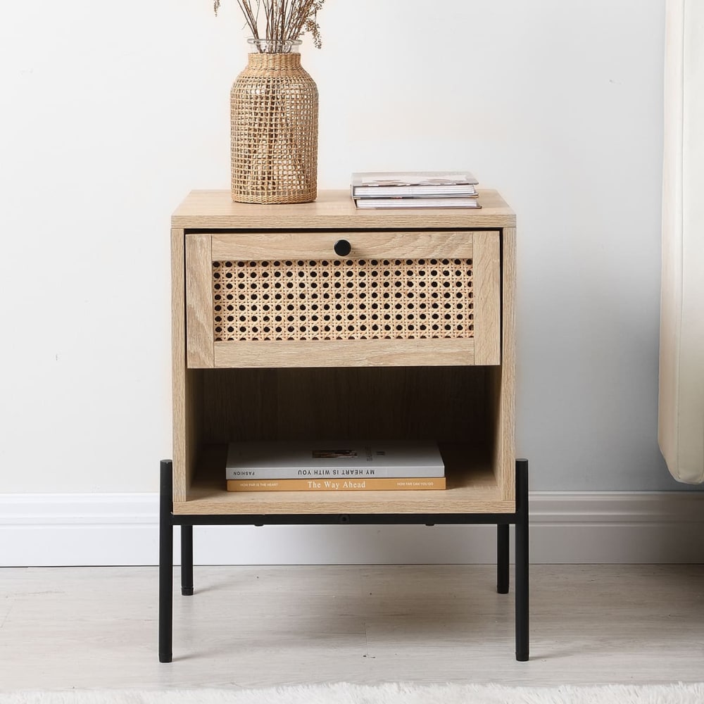 Table de chevet 1 tiroir en cannage naturel et effet chêne 40 cm