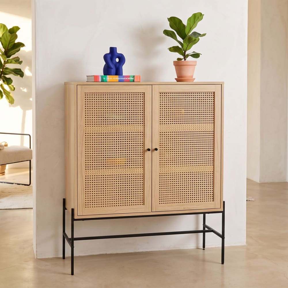 Buffet haut 2 portes en cannage naturel et effet chêne 100 cm - Maisons du Monde