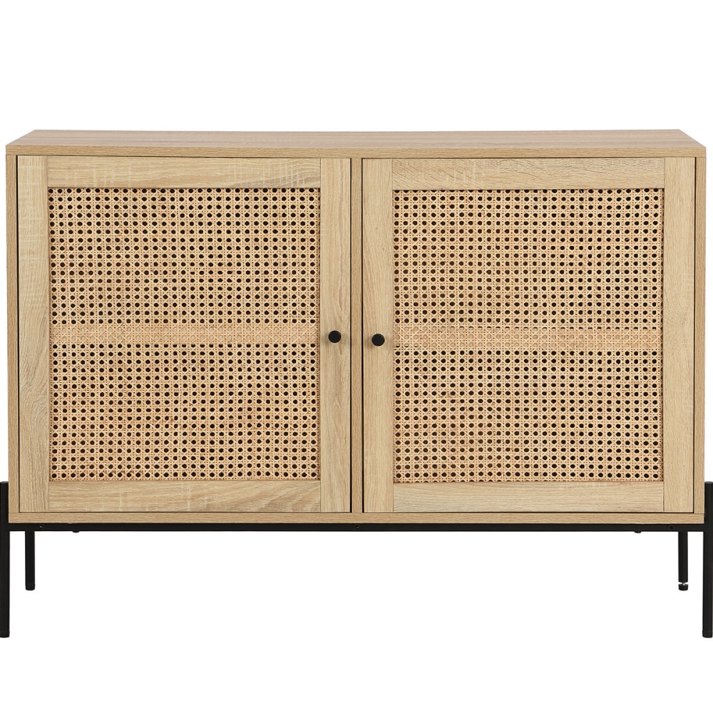 Buffet 2 portes en cannage naturel et effet chêne 110 cm - Maisons du Monde