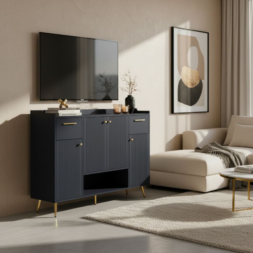 Meuble TV noir mat avec poignées dorées et rangements multiples