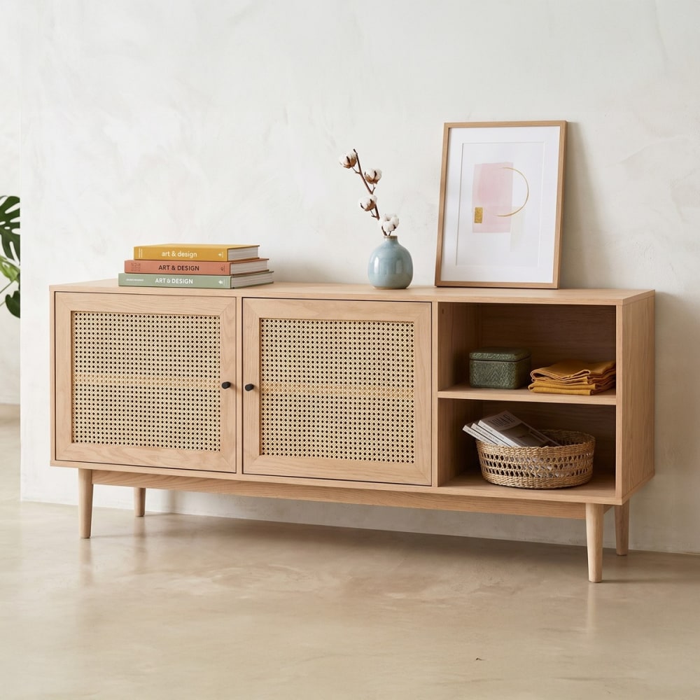 Buffet 2 portes en bois et cannage naturel 170 cm - Maisons du Monde
