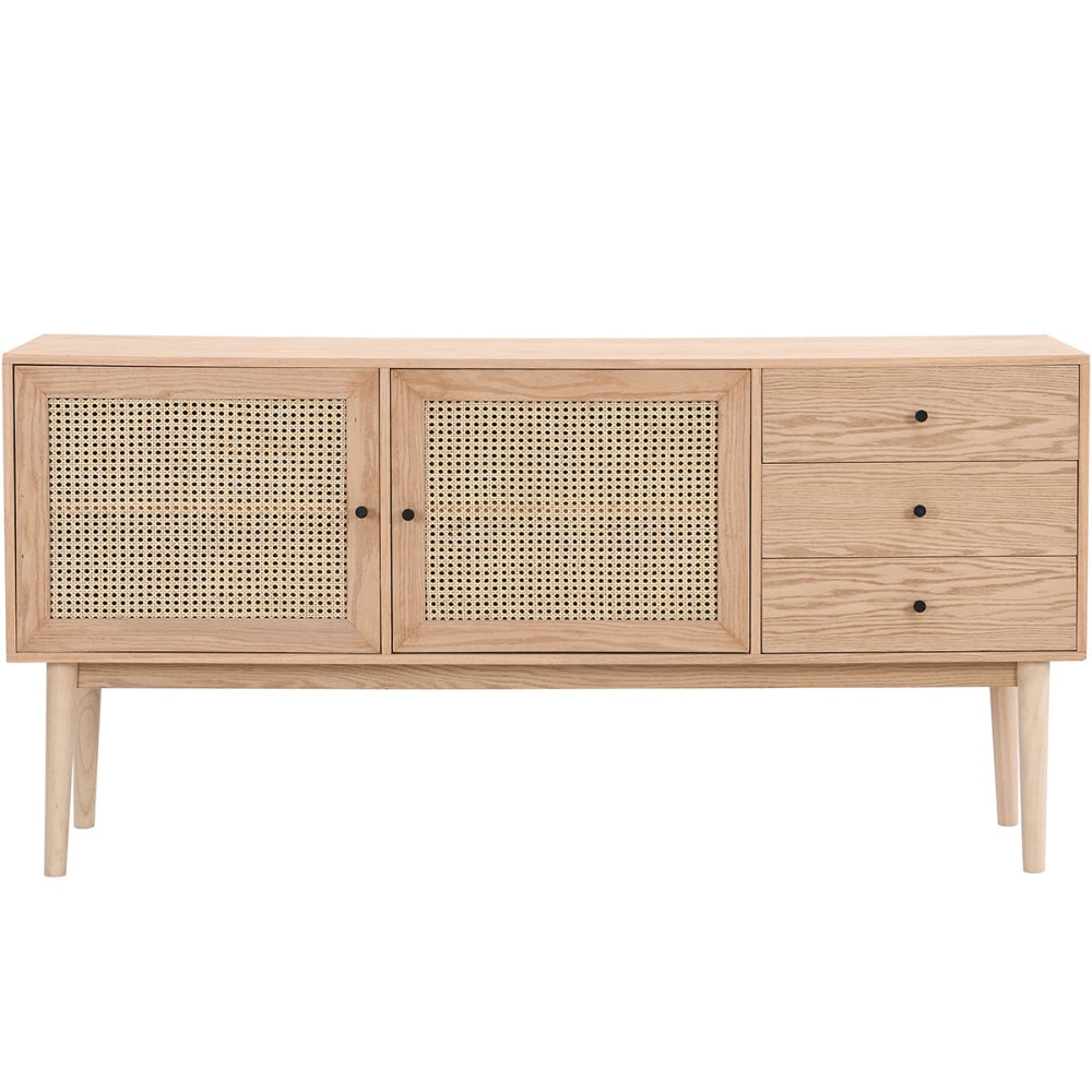 Buffet 2 portes 3 tiroirs en bois et cannage naturel 170 cm