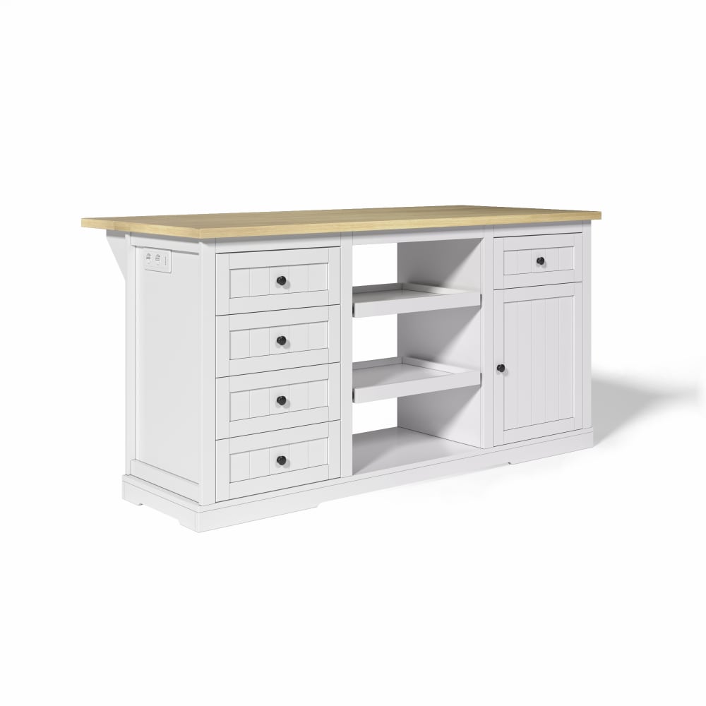 Table d’extérieur blanc et bois avec rangements intégrés Table d’extérieur blanc et bois avec rangements intégrés