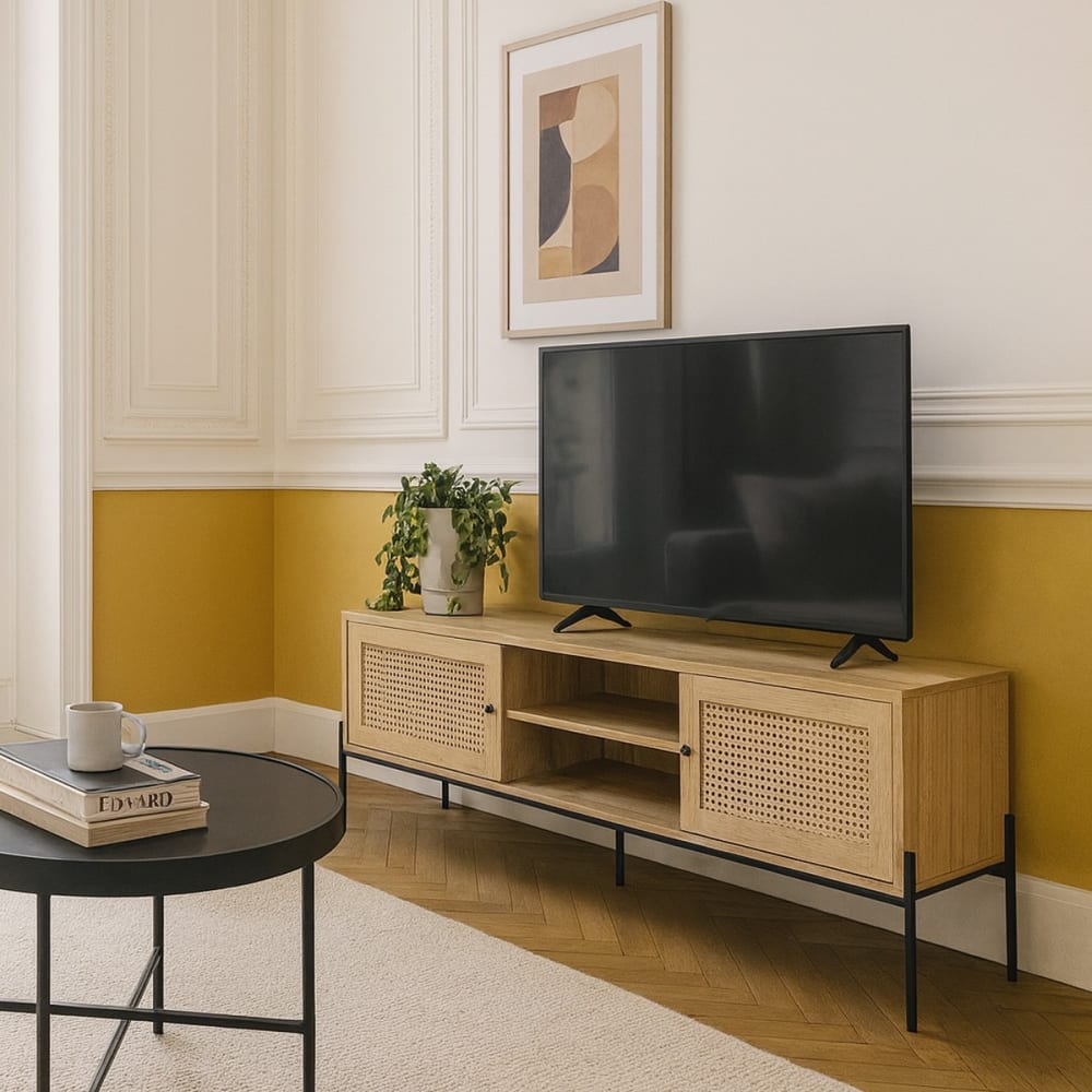 Meuble TV 2 portes en cannage naturel et effet chêne 160 cm