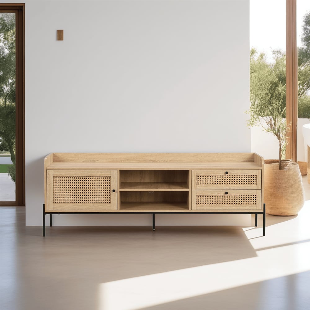 Meuble TV 1 porte 2 tiroirs en cannage naturel et effet chêne 160 cm