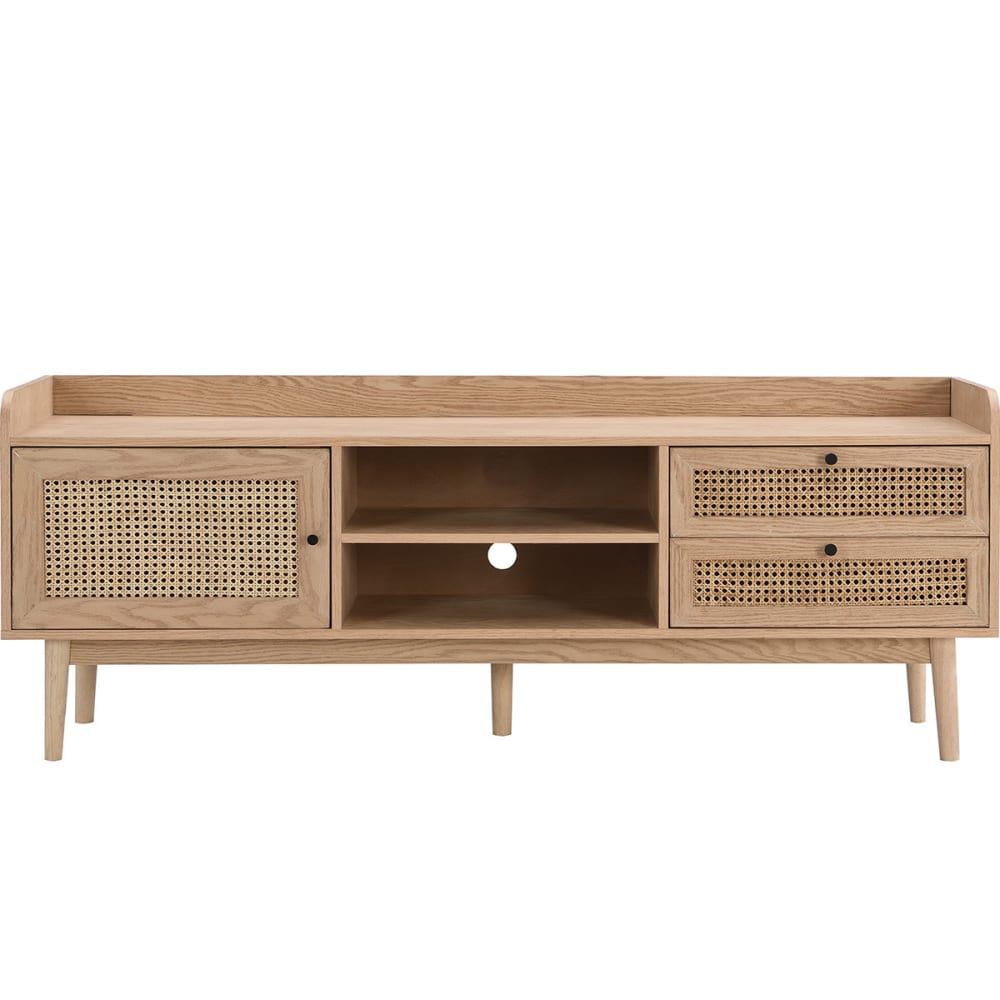 Meuble TV 1 porte 2 tiroirs en bois et cannage naturel 160 cm