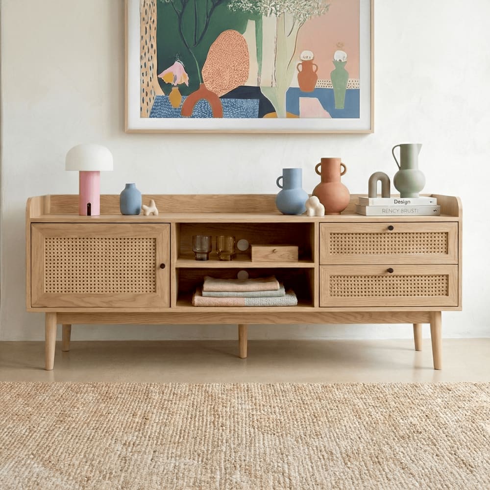 Meuble TV 1 porte 2 tiroirs en bois et cannage naturel 160 cm