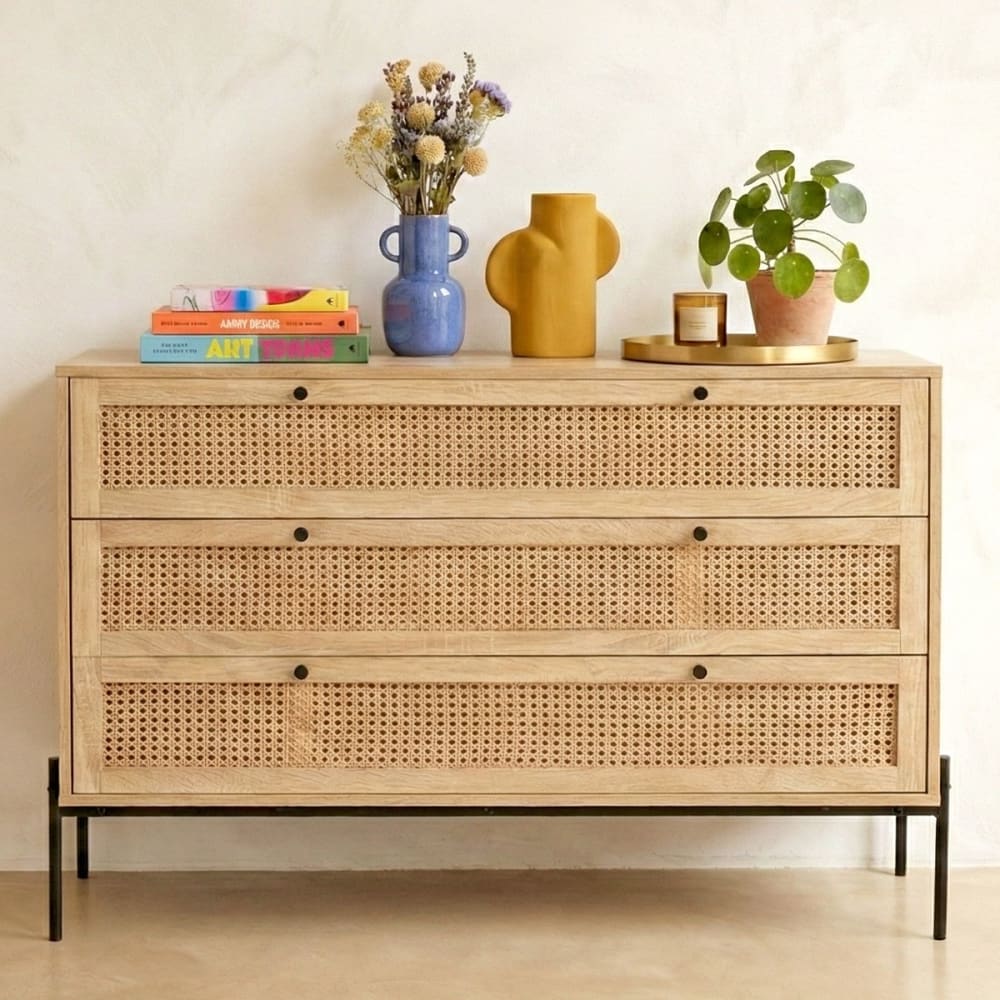 Commode 3 tiroirs en cannage naturel et effet chêne 105 cm