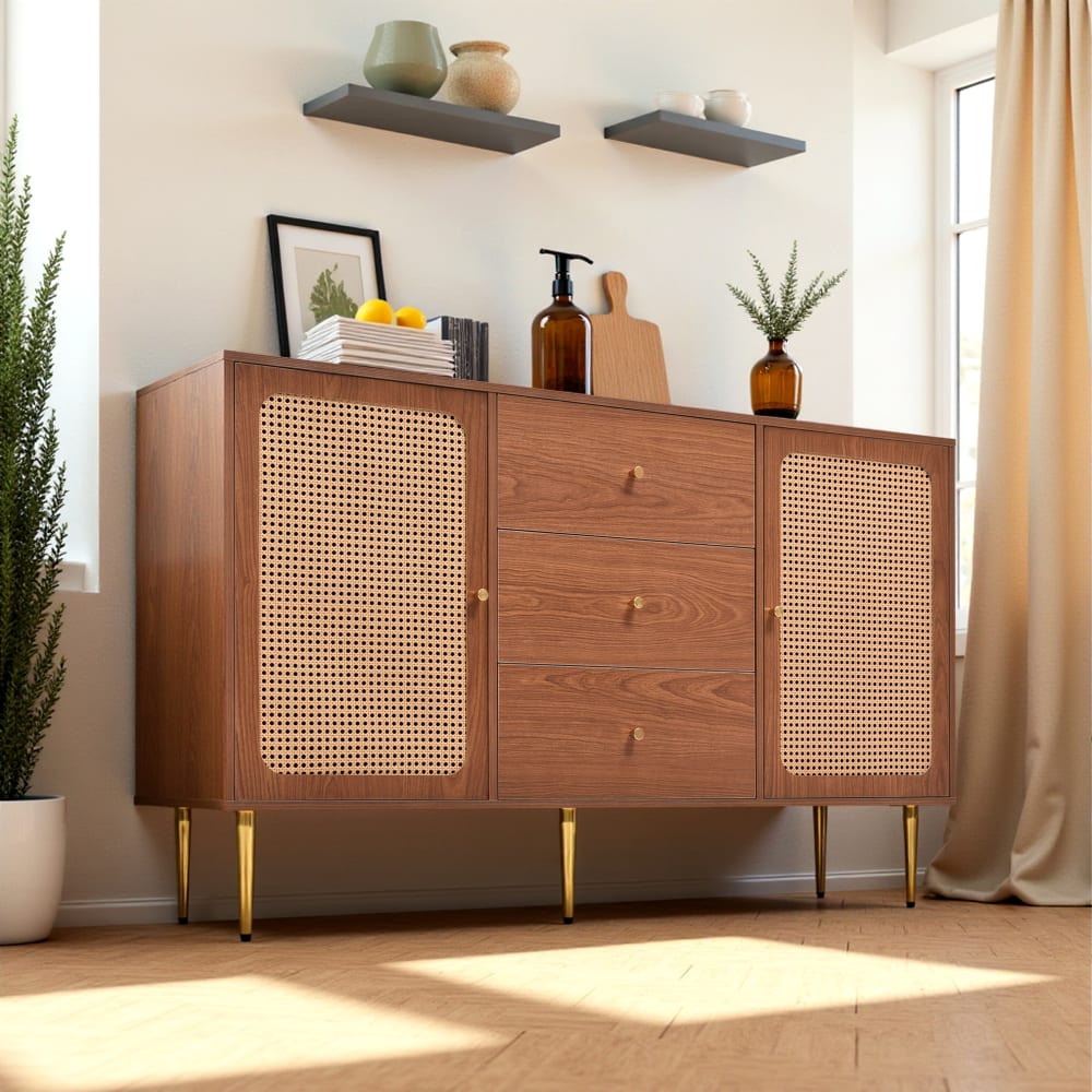 Vintage-Sideboard aus Holz und Rohr mit Zentralen Schubladen -