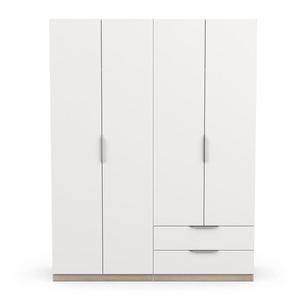 Armoire 4 portes 2 tiroirs - L157,3 cm - Effet Blanc et Chêne