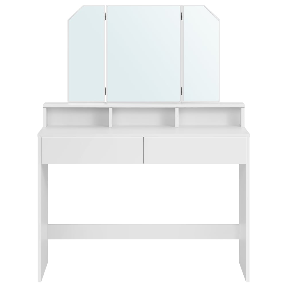 VASAGLE Coiffeuse miroir triptyque pliable avec 2 tiroirs blanc style contemporain Blanc Panneau De Particules - 100x142x40cm
