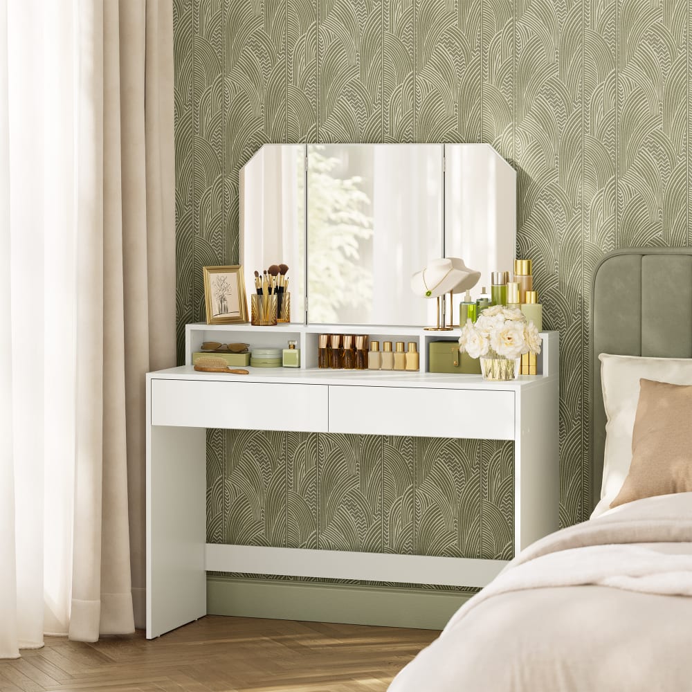 Coiffeuse miroir triptyque pliable avec 2 tiroirs blanc - Maisons du Monde