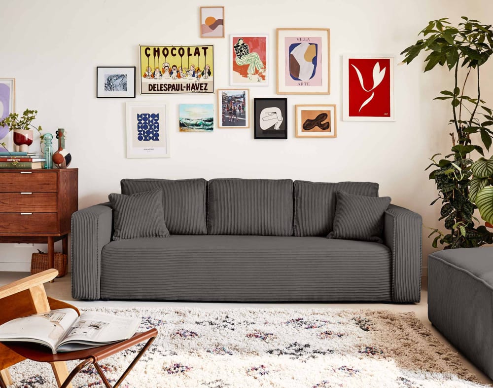 Canapé 3 places convertible avec coffre en velours côtelé gris - Maisons du Monde