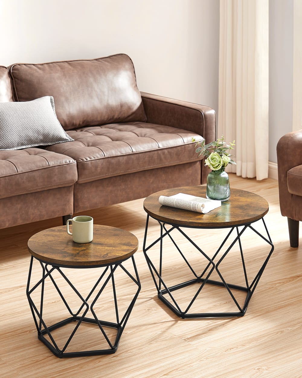 Tables basse ronde bout de canapé style moderne plateau marron et noir - Maisons du Monde