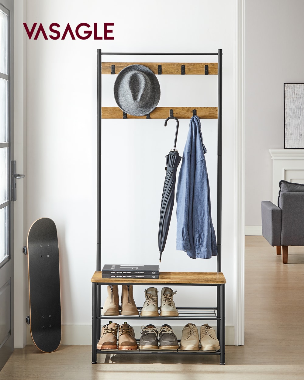 Portemanteau vestiaire avec banc 32 x 70 x 177 cm marron miel et noir - Maisons du Monde
