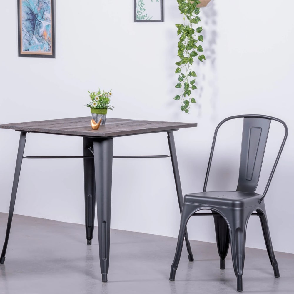 Industrietisch aus schwarzem Stahl und dunklem Holz, schwarz -