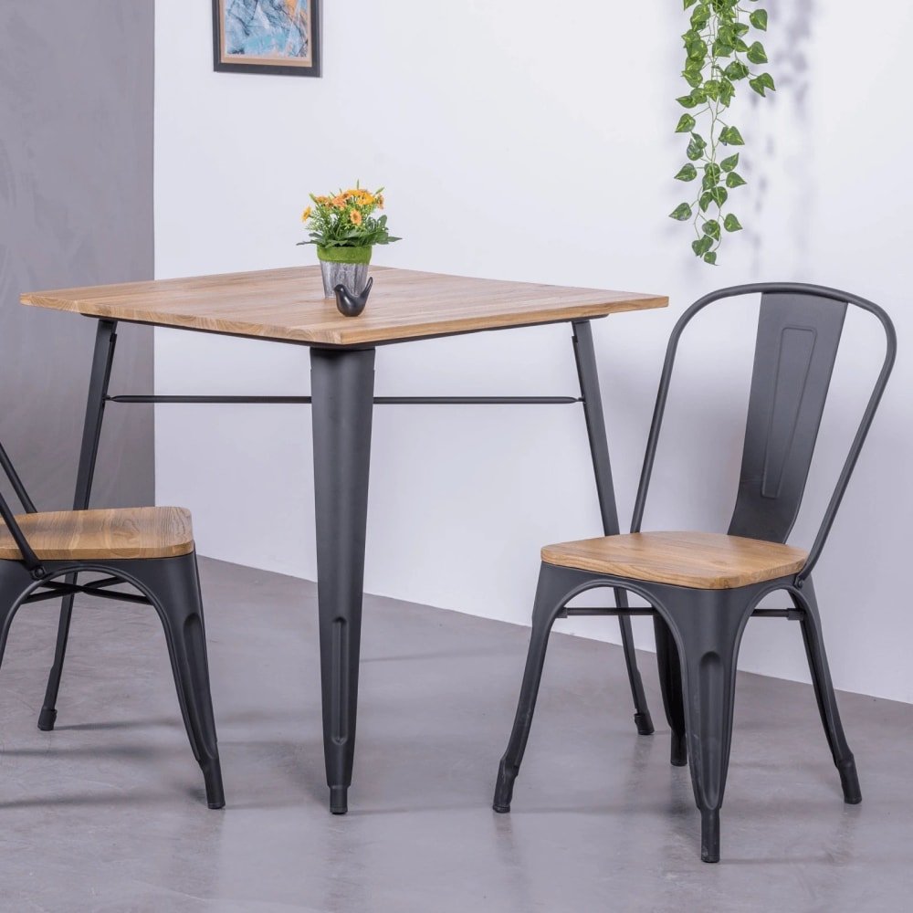 Industrietisch aus schwarzem Stahl und hellem Holz, schwarz -