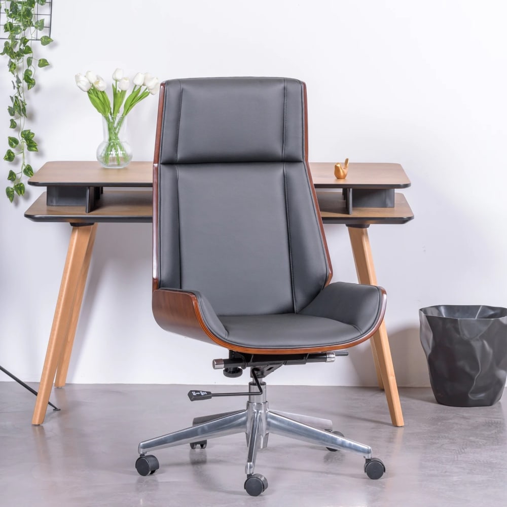 Bürostuhl aus Walnussholz und mit Kunstleder, schwarz - Maisons
