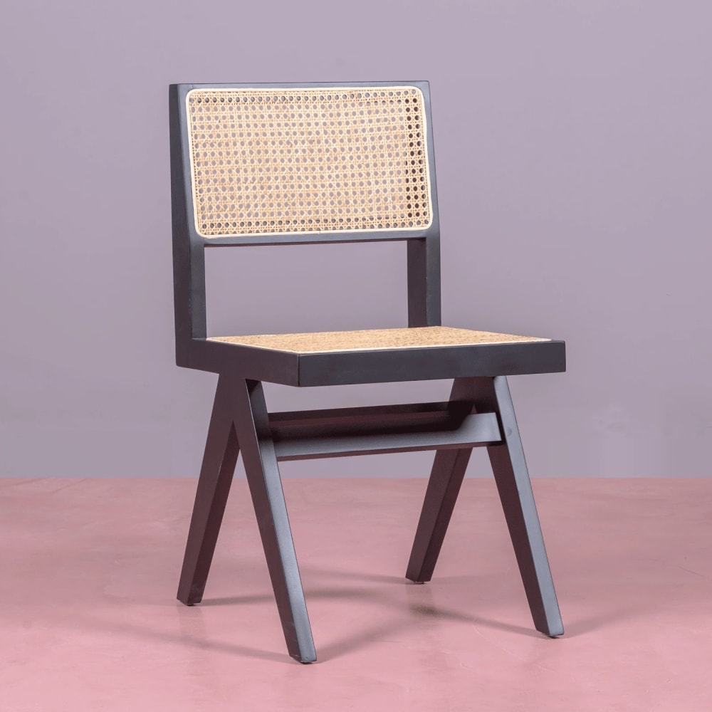 Klassischer Stuhl aus natürlichem Rattan und Eschenholz, schwarz