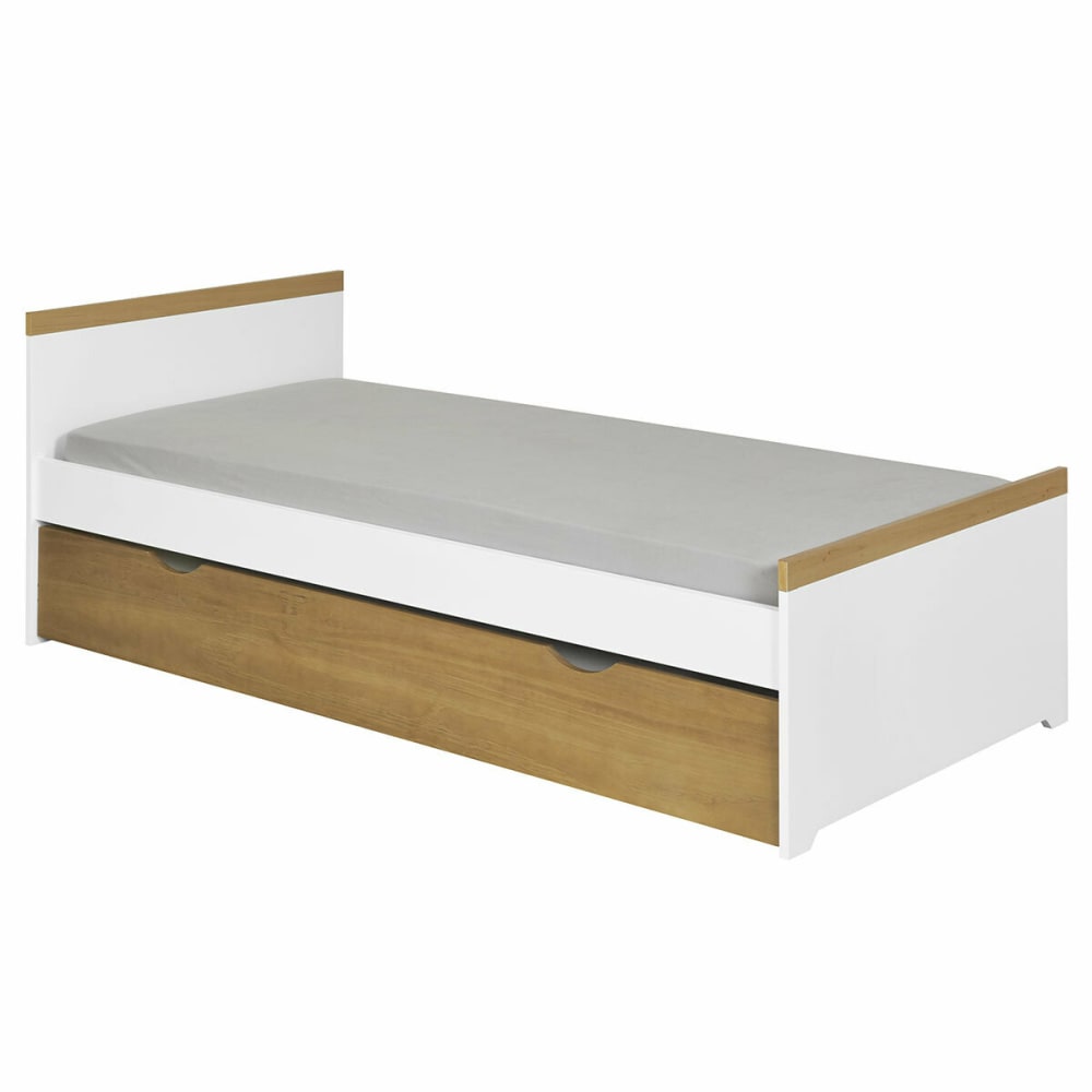 Lit enfant avec sommier gigogne et matelas effet bois blanc 90x190 cm