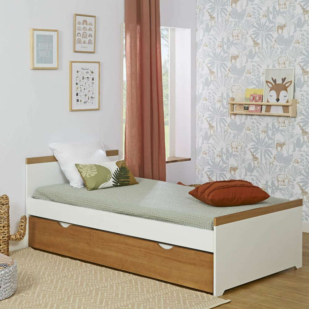 Lit enfant avec sommier gigogne effet bois blanc 90x190 cm - Maisons du Monde