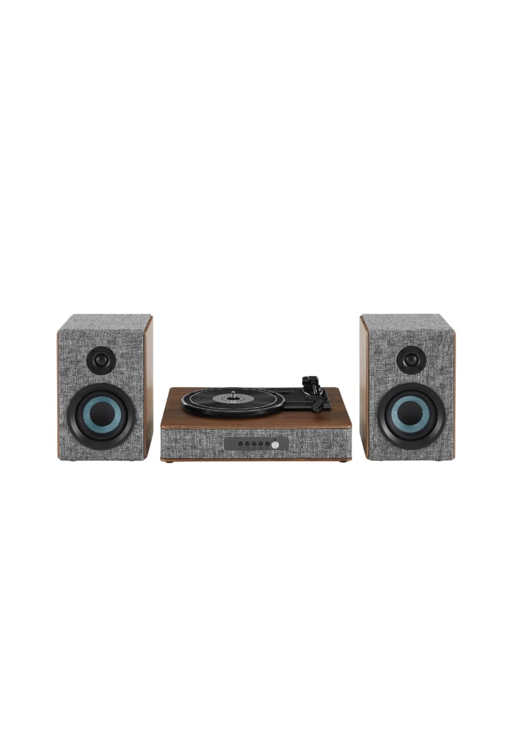 Tocadiscos con tejido gris y detalles en madera de nogal